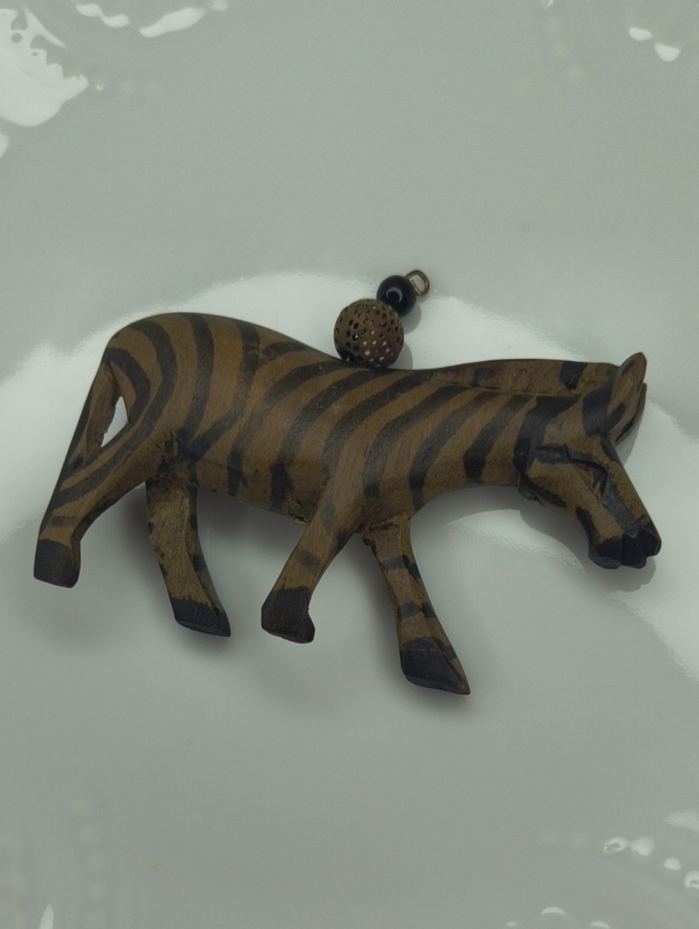 Vintage Hand Carved Zebra Wood Pendant - Brown and Black Stripes